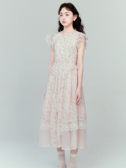 Flying Sleeve Lace Ruffled Dress