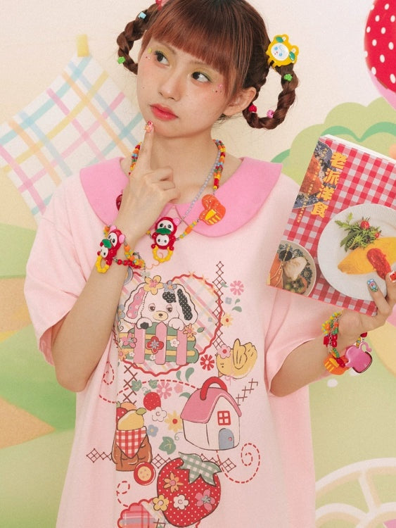 Doll Collar Printed Short-sleeved T-shirt One-piece