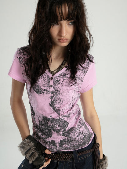 Slim Fit Punk Star Print Dirty T-shirt