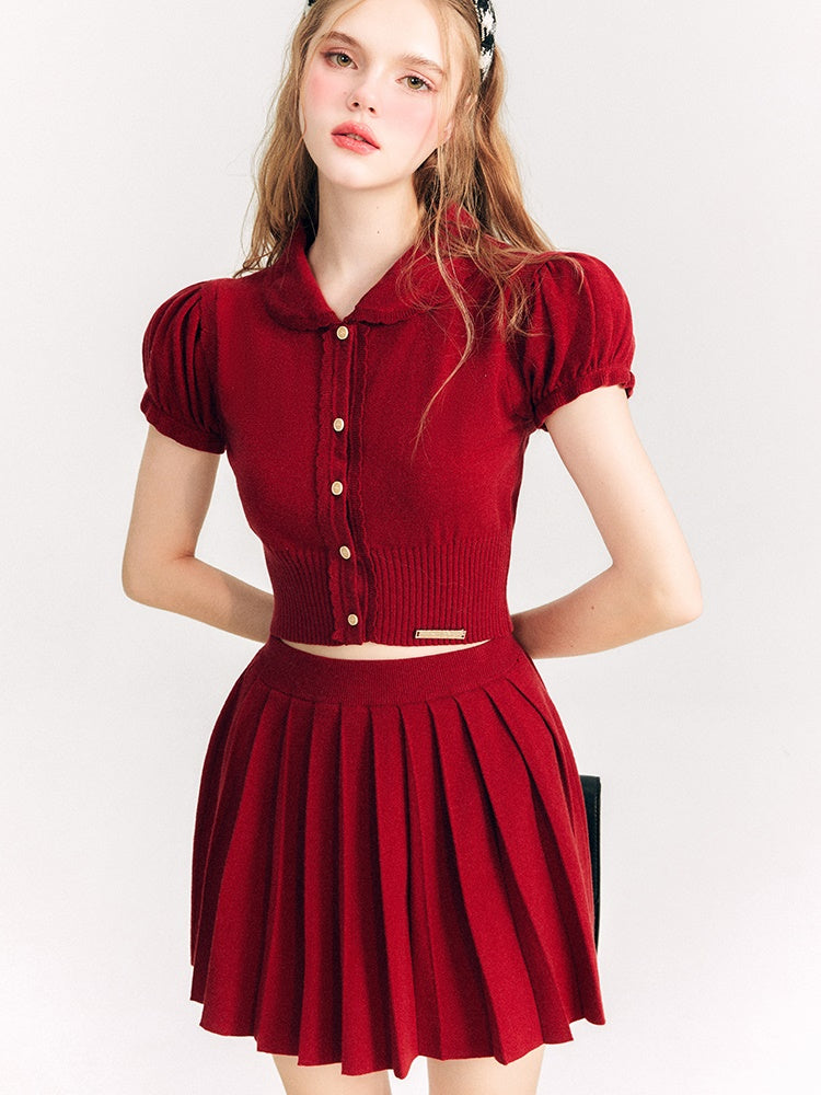 Puff Sleeve Knitted Sweater ＆ Pleated Mini Skirt