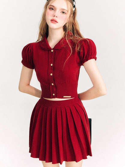 Puff Sleeve Knitted Sweater &amp; Pleated Mini Skirt