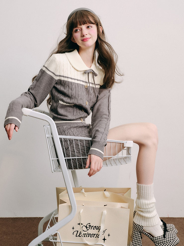 Polo Collar Knitted Sweater ＆ Cable Mini Skirt