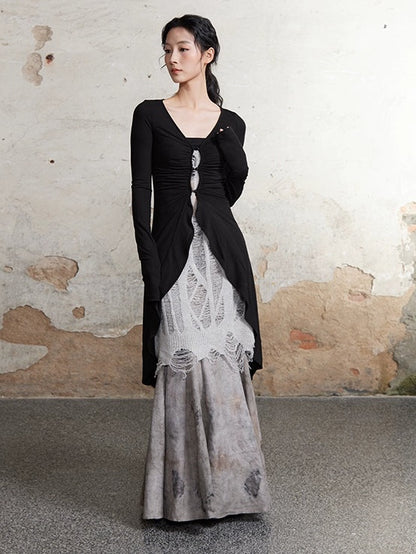 Plant-dyed Mermaid Long Skirt &amp; Hollow Knitted Long Camisole