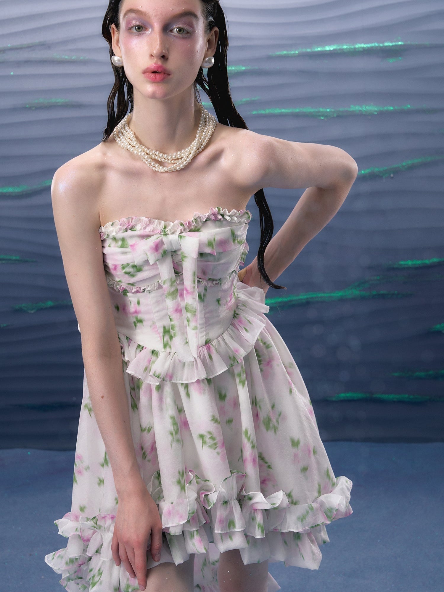 Flower Bow Bare Top Frill Fishtail Dress