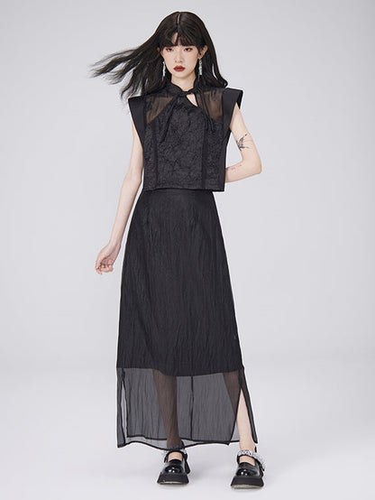 Chinese Style French Sleeve Hollow Top &amp; Sheer Skirt