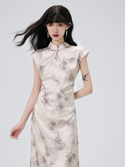 Cheongsam Pleated French Sleeve Long Dress