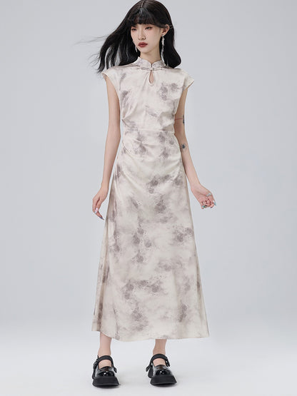 Cheongsam Pleated French Sleeve Long Dress