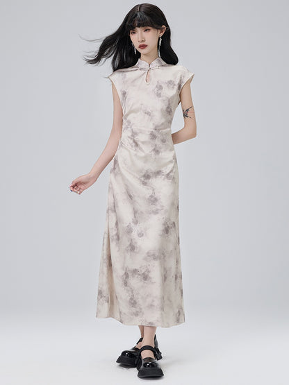 Cheongsam Pleated French Sleeve Long Dress