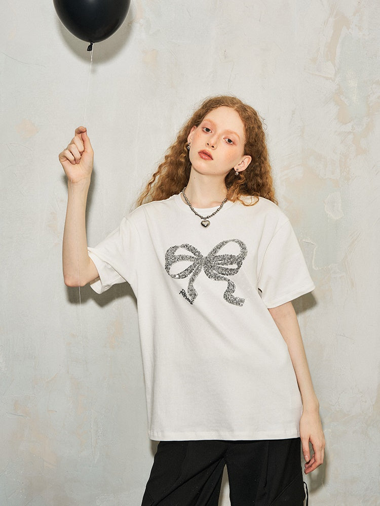 Sequin Bow Embroidery Loose T-shirt