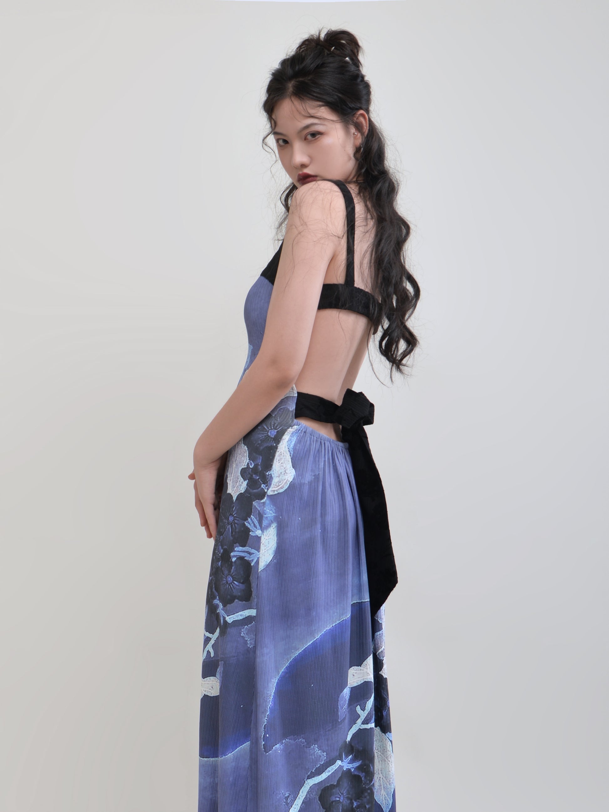 Chinese Style Printing Backless Bow Sleeveless Dress