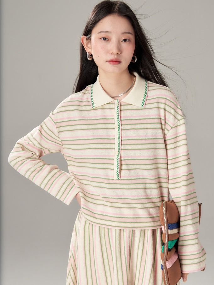 Easy Chic Grainy Texture Striped Knitted POLO Shirt ＆ Skirt