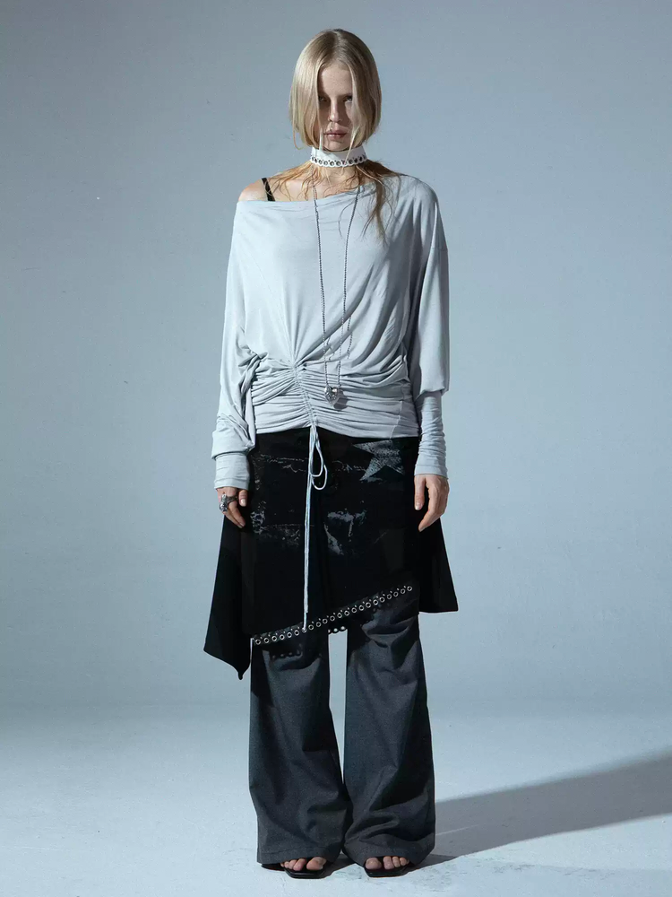 Long-Cuff Drawstring Drape Balloon-Sleeve Nichi Tops