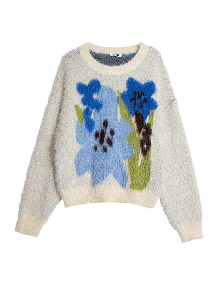 Flower Retro Crew-Neck Mohair-Knit