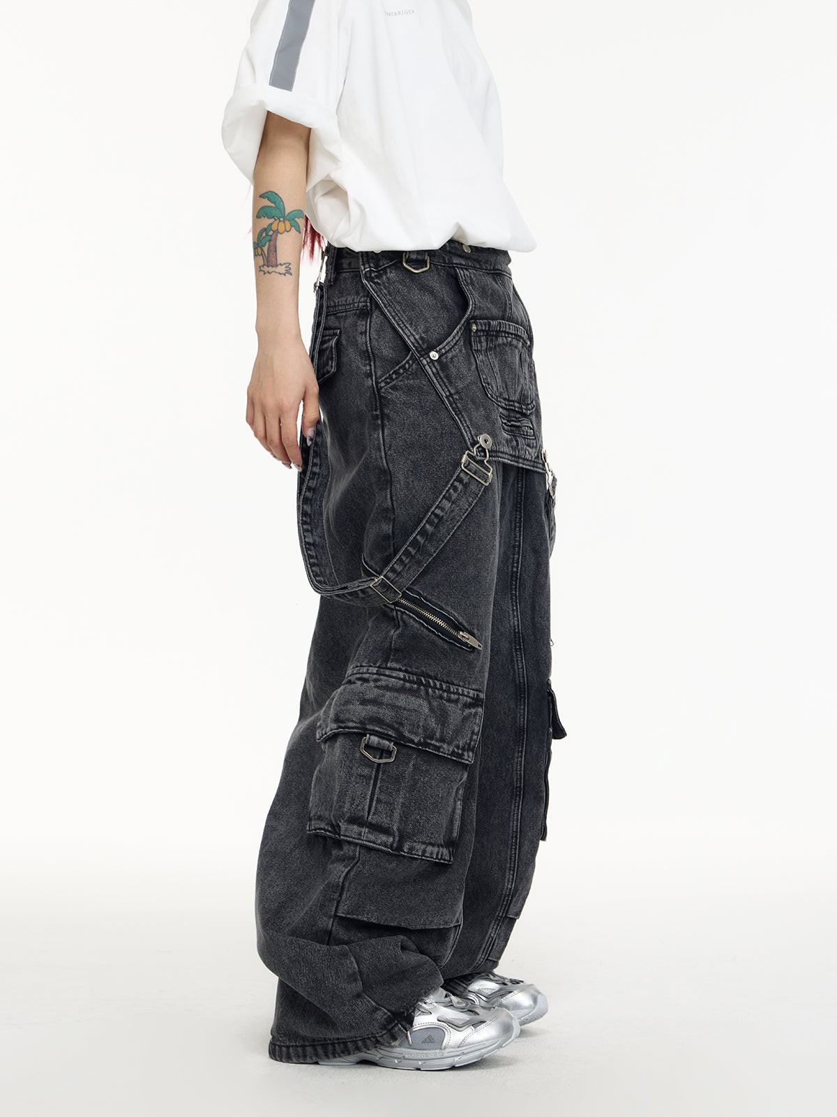 Retro Suspender Design Stitching Denim Pants