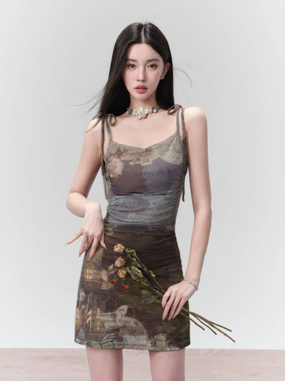 Retro Printed Oil Painting Slip Dress