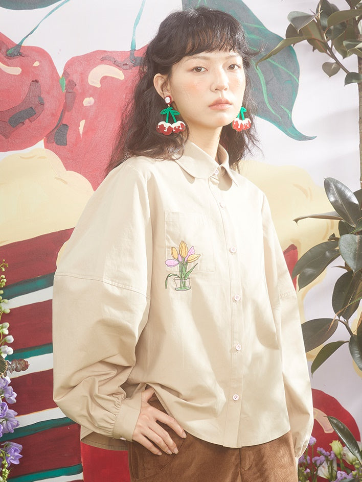 Retro Tulip Embroidered Doll Collar Lantern Sleeve Shirt