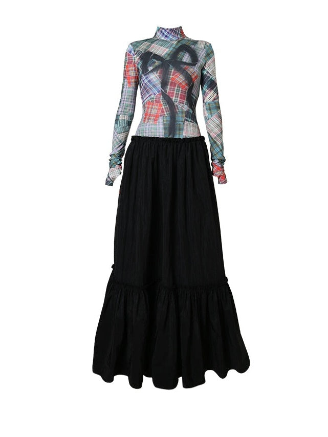 Printed Contrast Color Splicing Fake Two-piece Design Long Dress