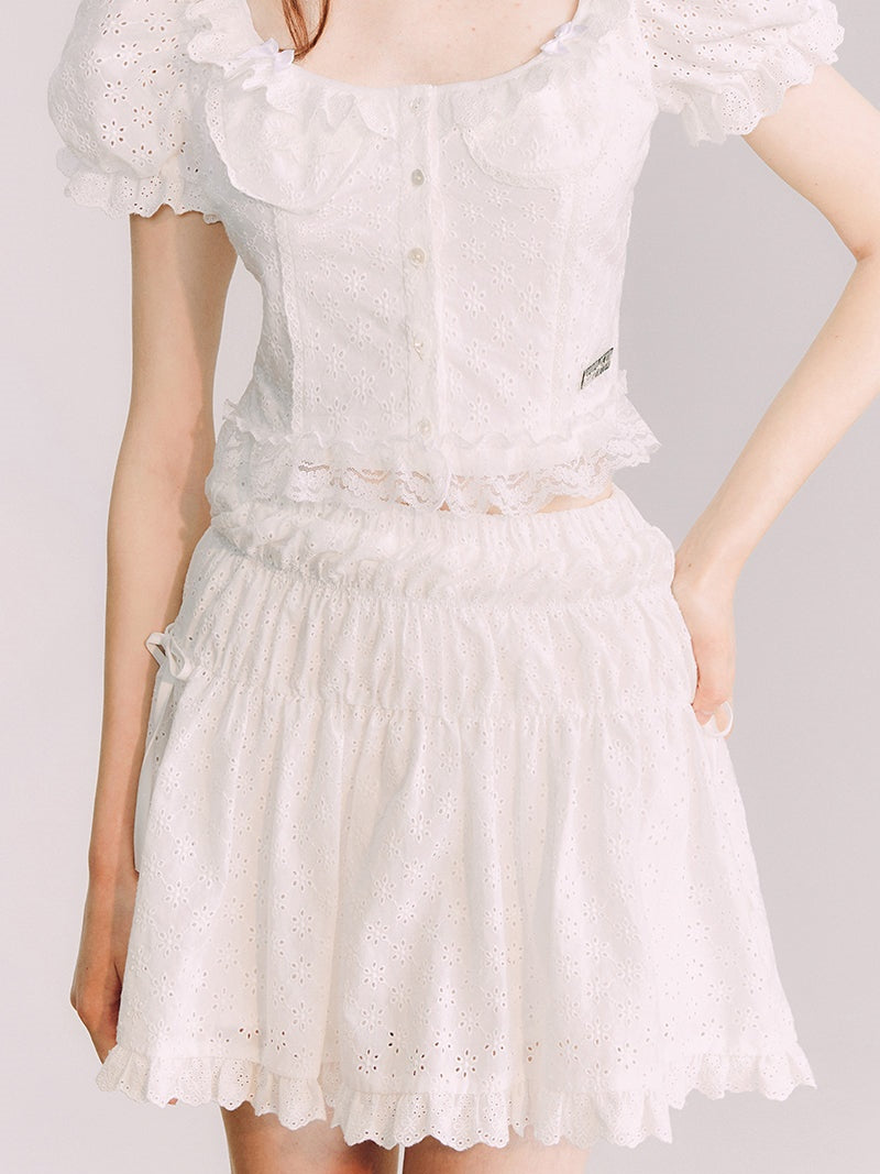 Cutwork Lace Puff Sleeve Top &amp; A-line Skirt