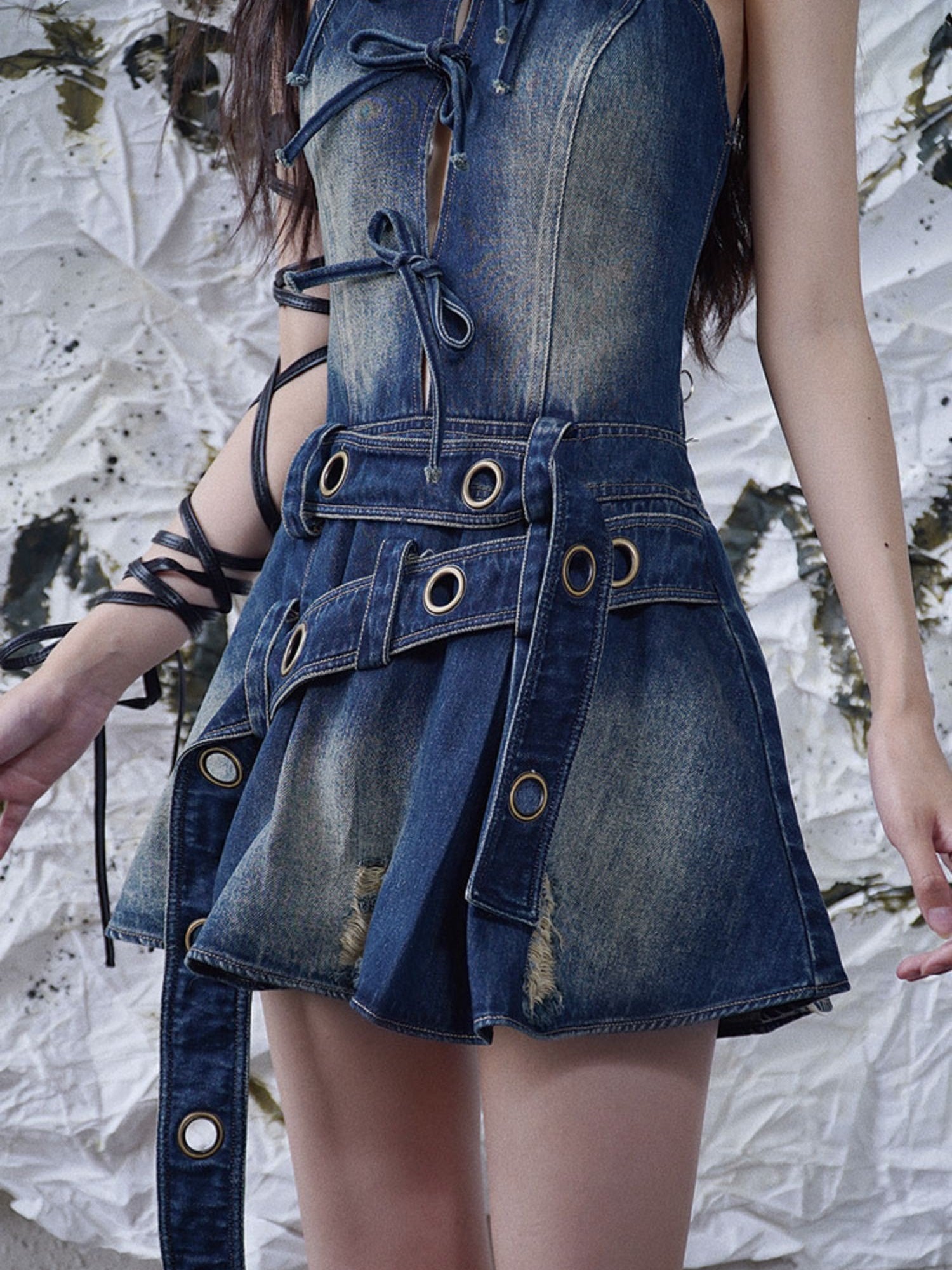 Clash Sleeveless Denim Short One-piece With Belt