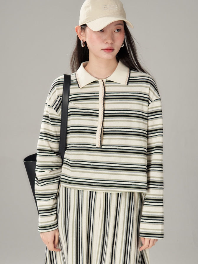 Easy Chic Grainy Texture Striped Knitted POLO Shirt ＆ Skirt