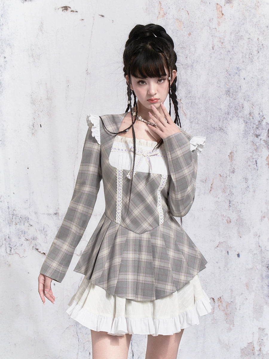 Plaid Patchwork Spitze Faltenkleid