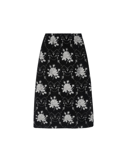 Retro Jacquard Side Slit Long Skirt