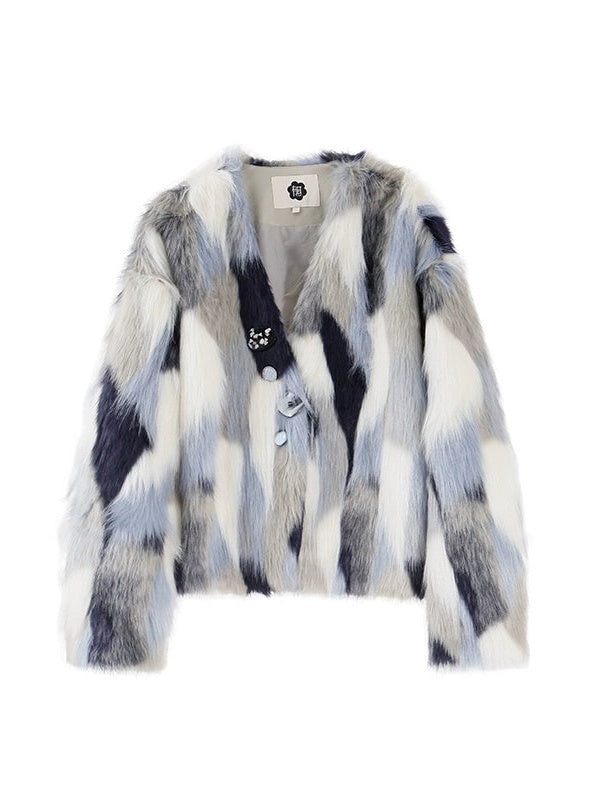 Contrast Color Eco-friendly Fur Short Furry Coat