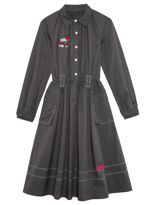 Cherry Cream Cake Embroidered Mid-length Shirt Dress