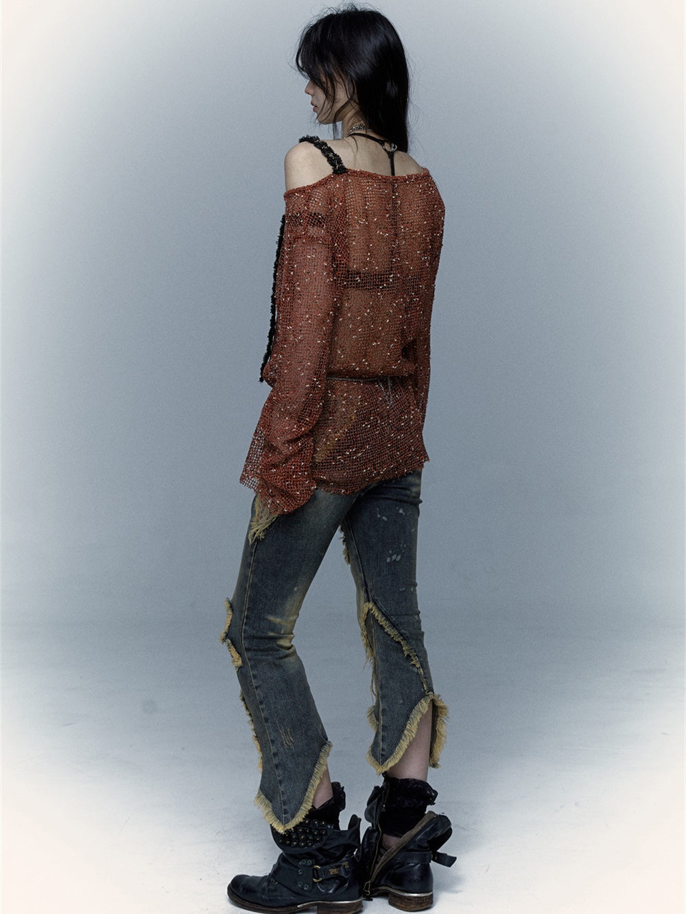 Patchwork Lace Ripped Washed Distressed Cropped Flared Denim Pants