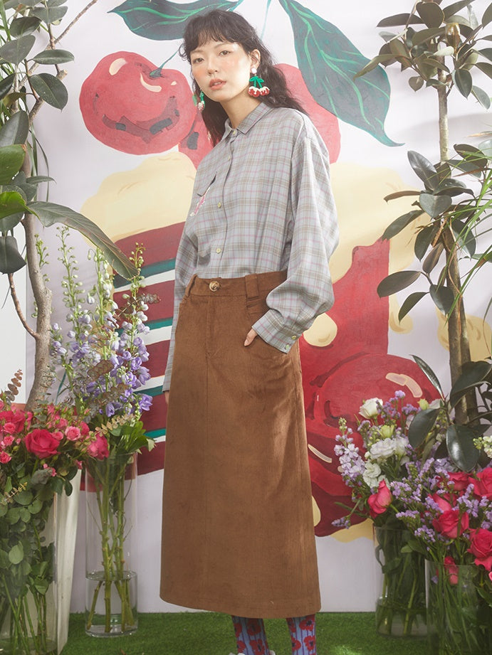 Tulip Embroidered Mid-length Corduroy Straight Skirt