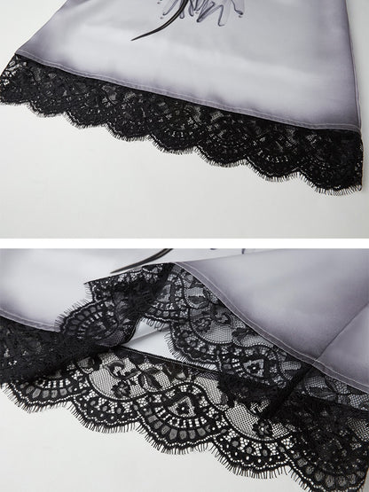 Gothic Style Printed Lace Satin Skirt