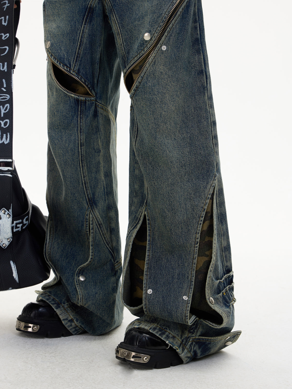 Zipper Hollow Camouflage Splicing Loose Wide-leg Jeans