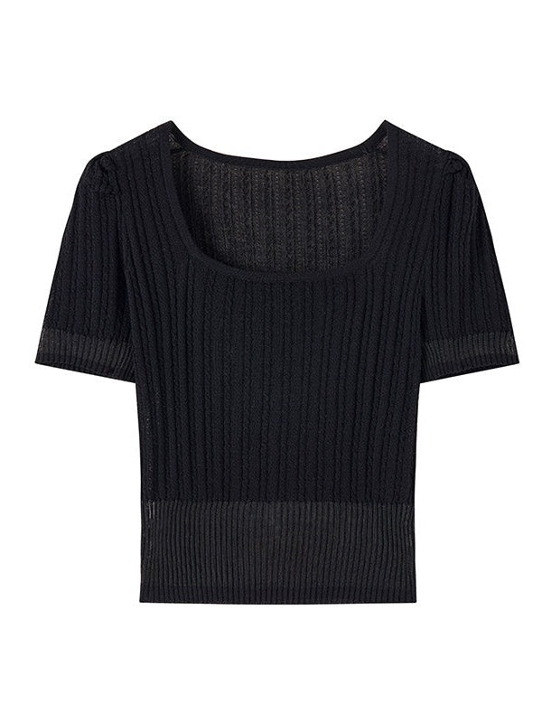 Square Collar Transparent Knitted Short-Sleeed T-Shirt