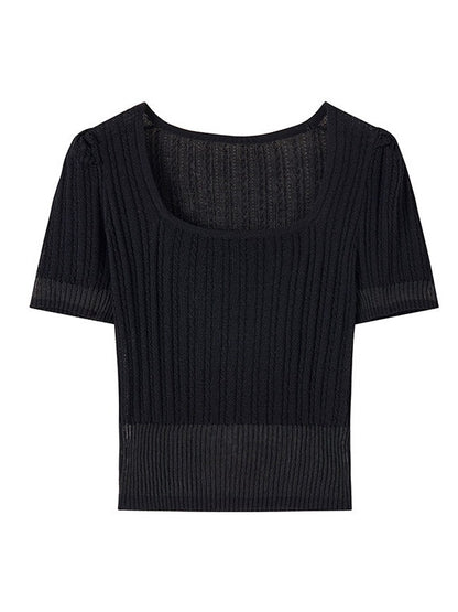 Square Collar Transparent Knitted Short-sleeved T-shirt