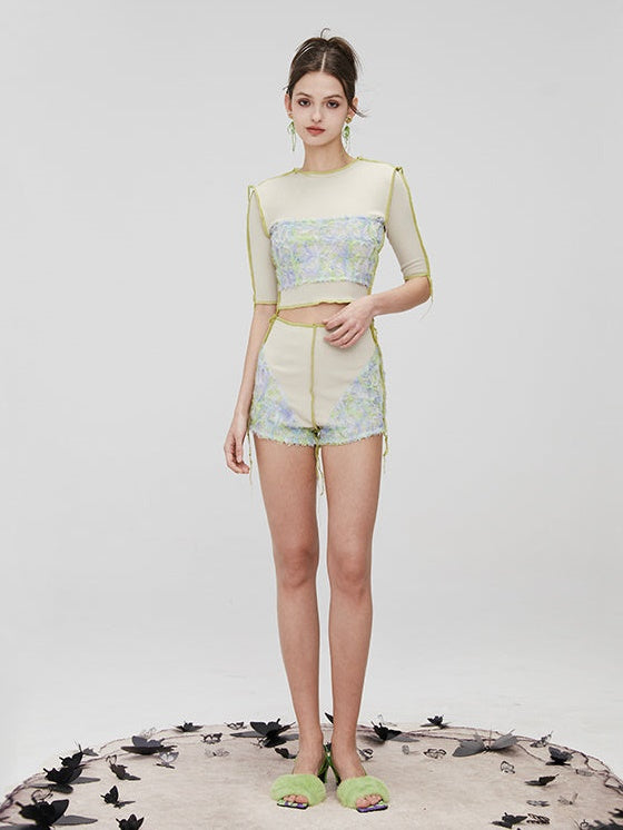 Flower Stitching Short Sleeve Top &amp; High Waist Shorts