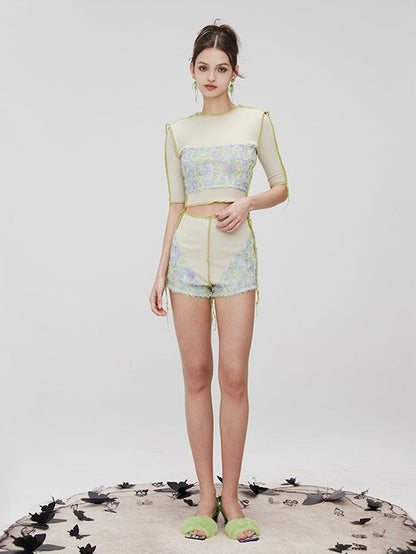 Flower Stitching Short Sleeve Top &amp; High Waist Shorts