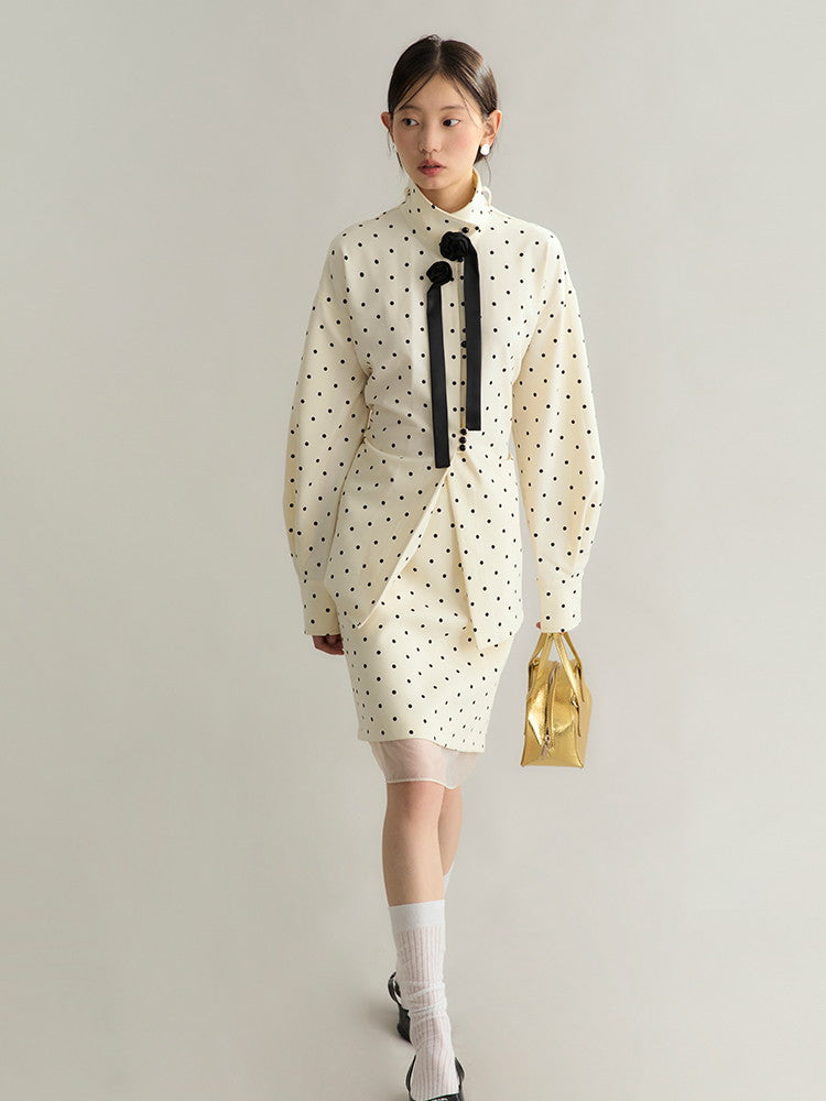 Dot Ciffon Nichi Balloon-Sleeve Chic Blouse＆Skirt