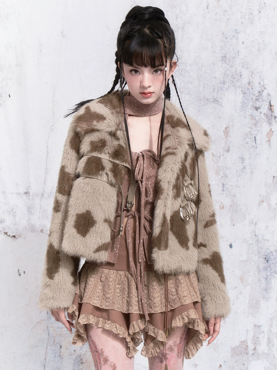 Cow Pattern Leather Buckle Fur Short Coat