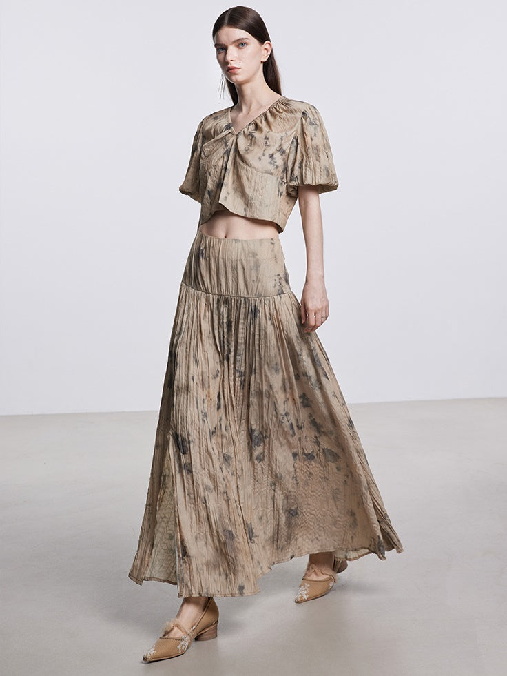 Tie-dye V-Neck Puff Sleeve Top &amp; Gather Long Skirt