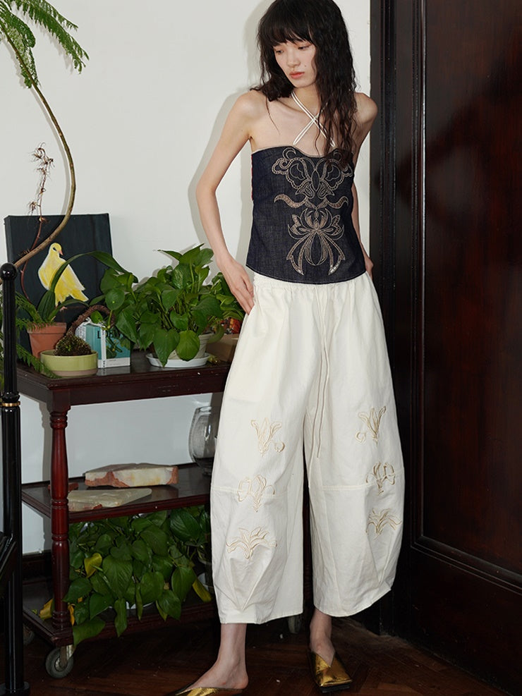 Embroidery Loose Bloomers Wide Leg Pants