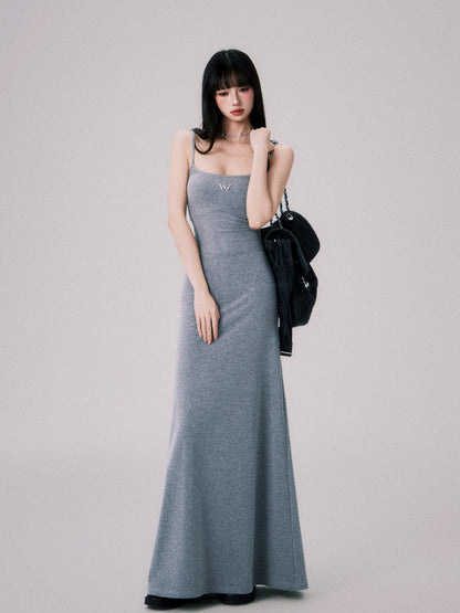 Square Neck Slim Suspender Long Dress