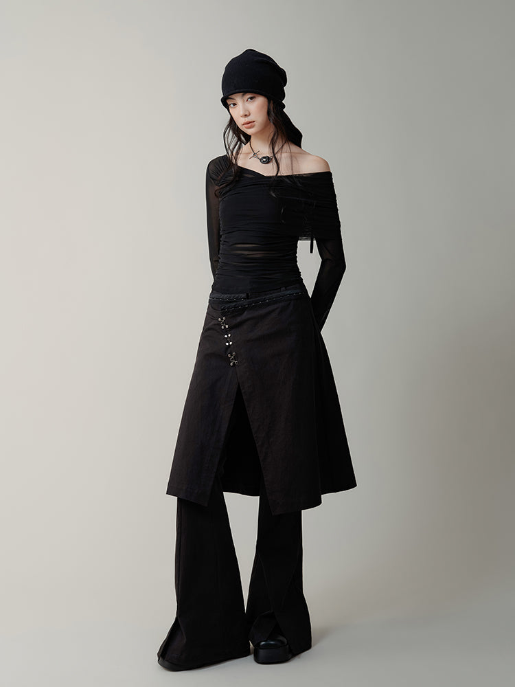 Metal Hook Fake Two-piece Micro-elastic Skirt Flared Pants