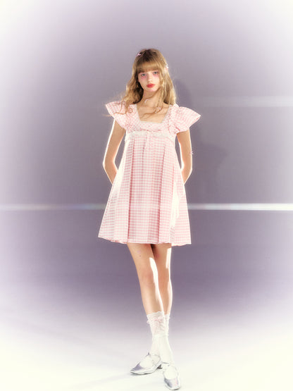 Plaid Bow Lace Square Collar Babydoll Dress