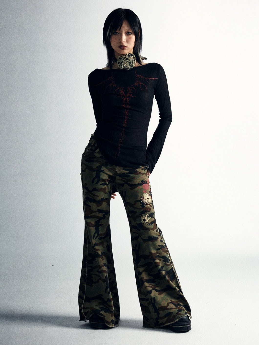 Low-Waisted Camouflage Flared Pants