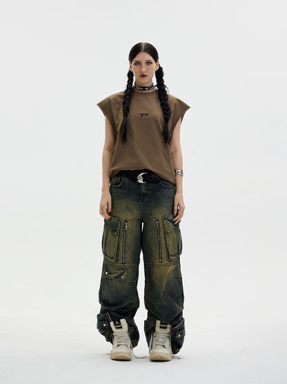 Distressed Multi-pocket Loose Wide-leg Cargo Jeans