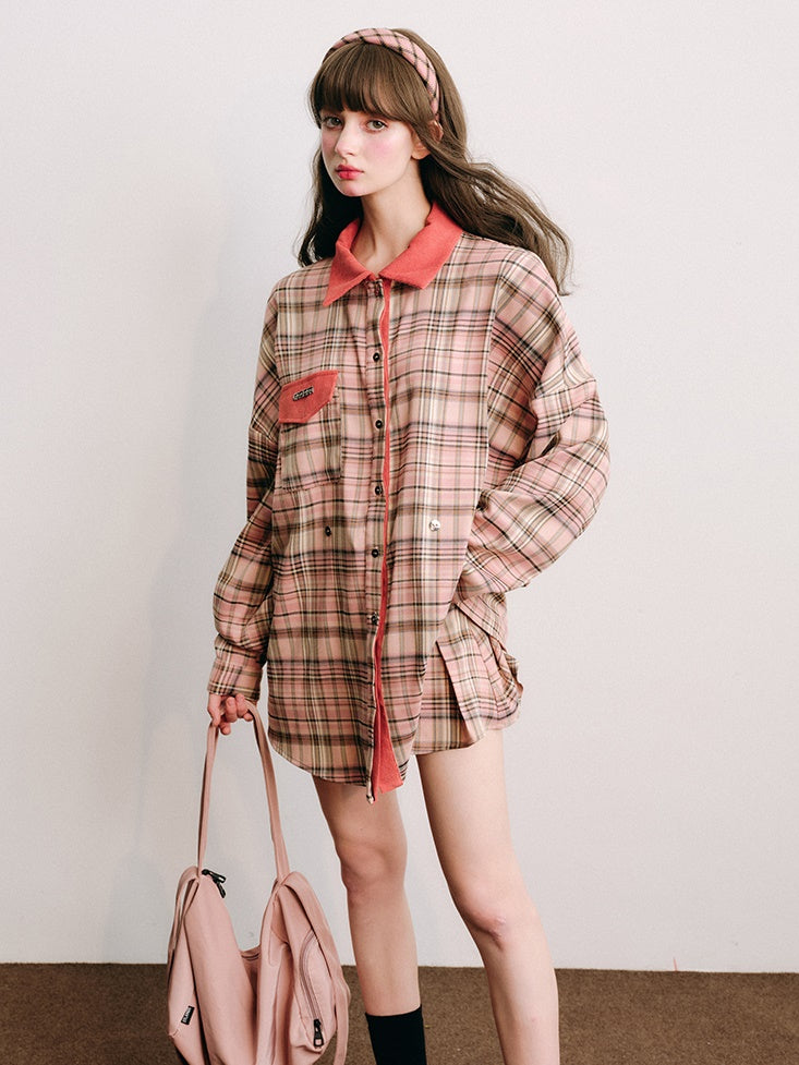 Loose Plaid Shirt &amp; Pleated Skirt