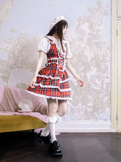 Plaid Cat Print Lace Suspender Dress