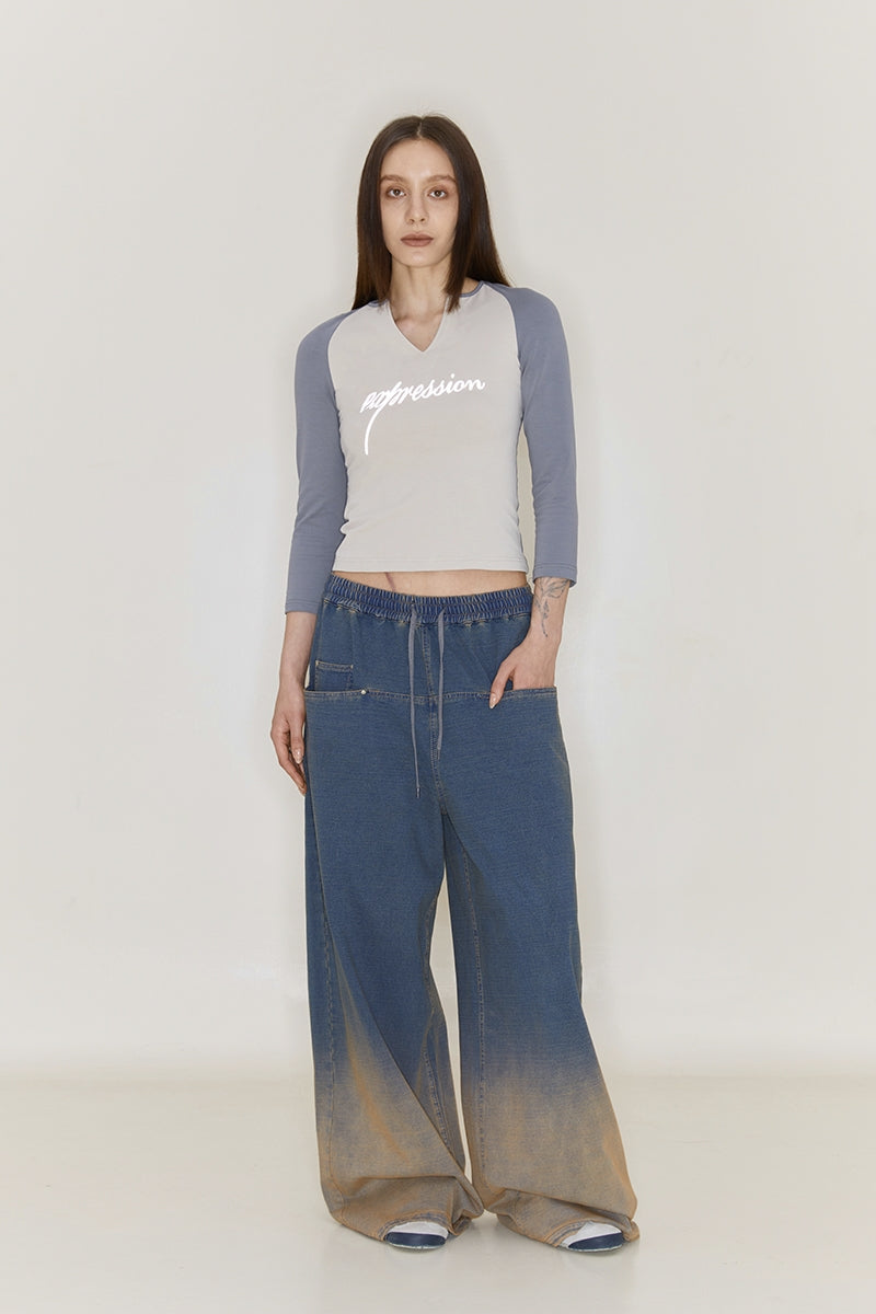 Heavy Washed Denim Gradient Loose Pants