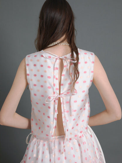 Polka Dot Sleeveless Back Ribbon Top ＆ Gather Fluffy Skirt