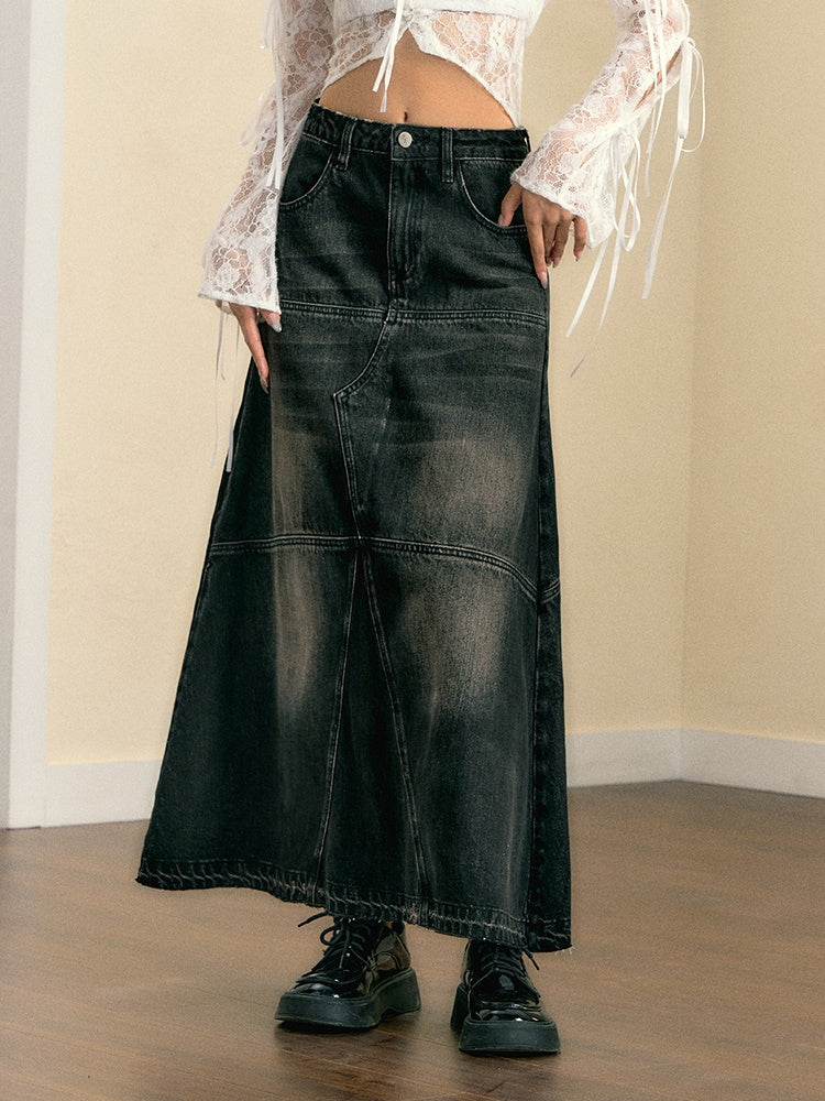 Retro Washed A Line Patchwork Denim Skirt